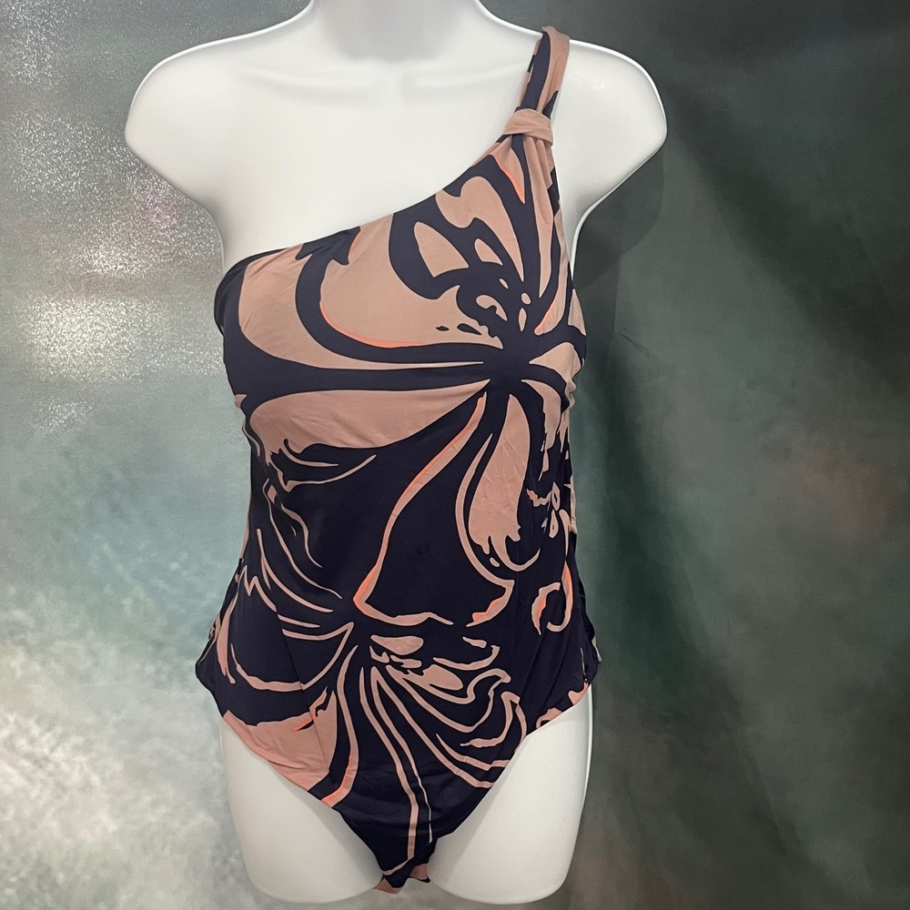 Autograph Navy Blue‎ Mauve Floral One Shoulder Swimsuit UK 16 US 12